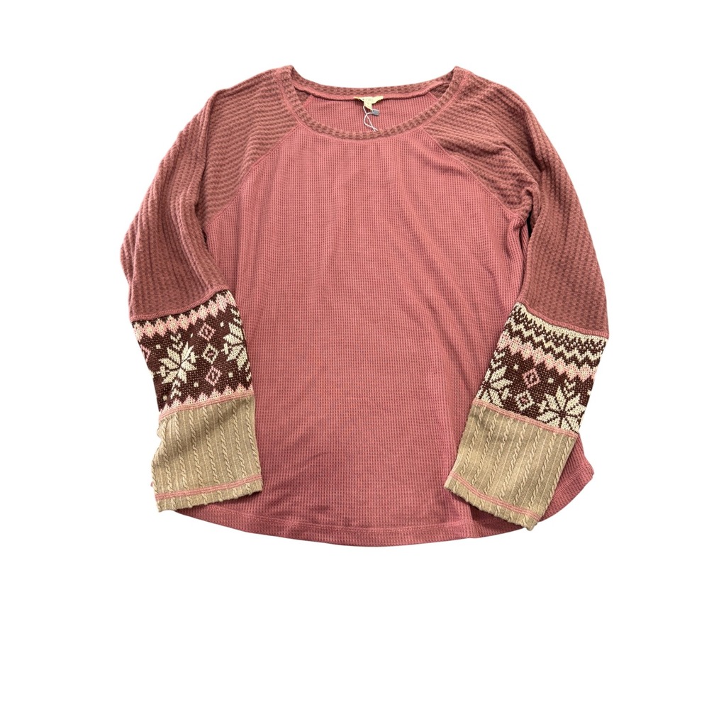 Kori America Accent Sleeve Waffle Knit Thermal Top Rose Pink B6081 Womens Medium